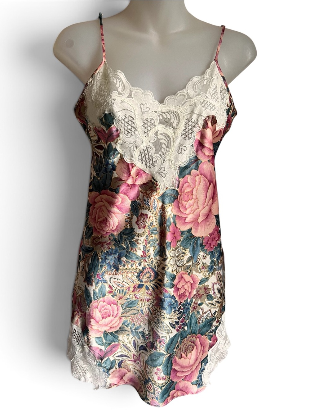 VTG Victoria's Secret Petite Gold Label Satiny Slip Dress Floral Lace Coquette